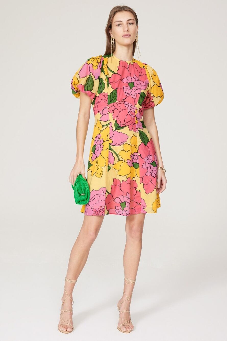 BANJANAN Yellow Pink Bright Florals Puff Sleeves Mini Gracia Dress Size 8